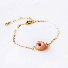 Elfi Handmade Cute Mini Pink and Chocolate Donuts Bracelet, Dessert Food Jewelry,Donut Charm, perfec Kawaii Round Jewelry For Gift, Kawaii Round Jewelry Gift, Round Kawaii Jewelry Gift, Sweet Adjustable Charm Bracelet As Gift, Sweet Adjustable Charm Bracelet For Gift, Playful Beaded Bracelets As Gift, Handmade Gold Sweet Jewelry, Cute Round Bracelets For Gifts, Handmade Gold Jewelry