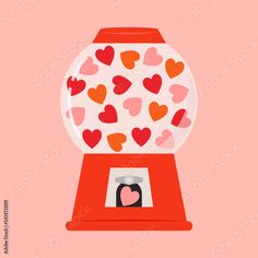 a gummy machine with hearts all over it's front and side view, on a pink background