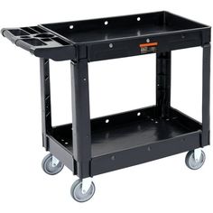 a black plastic utility cart with wheels