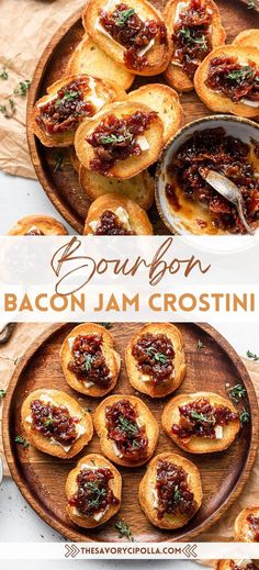 Two pictures overhead of several pieces of bourbon bacon jam crostini on a round wooden searching platter garnished with fresh thyme leaves. Bacon Jam Crostini, Bacon Jam Appetizer, Tasting Party Food, Bourbon Bacon Jam, Brie Cheese Recipes, Bourbon Bacon, Toasted Crostini