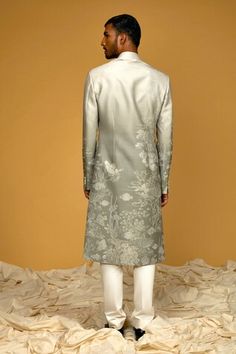 Ocean grey ombre floral bloom print sherwani with pearl embroidery on chanderi silk sherwani with silk lining. - Aza Fashions Silk Sherwani For Reception With Straight Kurta, Designer Silk Sherwani For Eid, Sherwani For Men, Pearl Embroidery, Grey Ombre, Rohit Bal, Full Sleeve, Stand Collar, Silk Printing