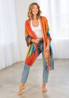 Wear this stunning lightweight rainbow scarf with pride! A sheer printed mesh style with cool raw unfinished edges. A great accessory for year-round! FINAL SALE Rainbow printed mesh Raw edges Sheer Lightweight Dimensions: 75" x 42"Model is 5'9, scarf is O/S.Style: LVS-RAINBOW Casual Multicolor Shawl For Spring, Multicolor One Size Scarf For Fall, Multicolor One Size Scarves For Fall, Multicolor Scarf, One Size, For Fall, One Size Multicolor Scarves For Fall, One-size Multicolor Scarf For Fall, Multicolor Shawl Scarves For Fall, Casual Multicolor Summer Shawl, Multicolor Summer Shawl Scarf