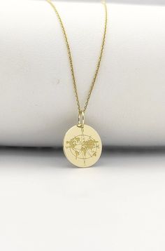 Welcome to ElegantGoldJewels,  Find all the information you need about your charm: Material of pendant: 14K Solid Gold Stamp: 585 (14K) Thickness: 0.5mm Jumpring Diameter: 4mm The pendant is available in 6 sizes: - 13mm / 0.52 inches - 15mm / 0.59 inches - 18mm / 0.70 inches - 20mm / 0.78 inches - 22mm / 0.86 inches - 24mm / 0.94 inches - 26mm / 1.02 inches - 28mm / 1.10 inches - 30mm / 1.18 inches Chains Information: Rolo Chain: -14K Real Gold - 0.70mm thick - Spring Ring Clasp - 16 inches / 40 Charm Necklace With Round Pendant, Engraved Medallion Necklace For Travel, Personalized Pendant Necklaces For Travel, Personalized Gold Jewelry For Travel, Personalized Gold Necklace For Travel, Gold Engraved Jewelry For Travel, Travel Engraved Gold Jewelry, Earth Necklace, Compass Jewelry