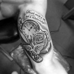 a person with a tattoo on their arm holding a clock and roses in the background