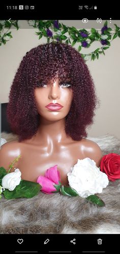 Jerry curly Brazilian human hair wig. Colour:99j(ombre) Also available in colours T1B/30 Please contact for any questions concerning shipping and pricing Curly Wig With Bangs, Bangs Curly, Wig With Bangs, Curly Wig, Hair Curly, Human Hair Wig, Brazilian Human Hair, Curly Wigs, Wigs With Bangs