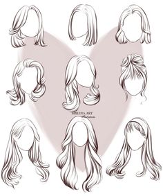 various hairstyles for women with long hair in the shape of a heart on a white background