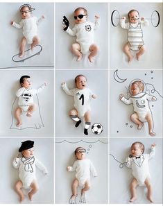 a collage of photos with babys in different outfits and numbers on their bodies