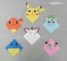 four origami pokemons with eyes and ears on them, all in different colors