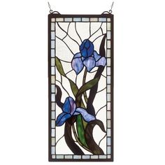 a stained glass window with blue flowers on it