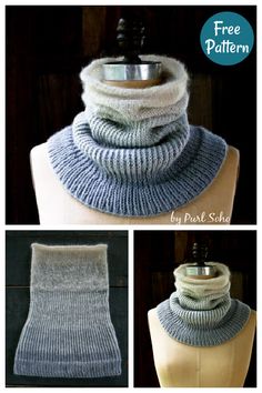 three different pictures of the same scarf and neck warmer, one with a metal ring on it