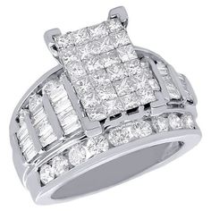 a white gold ring set with square and baguettes on the sides, surrounded by diamonds