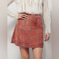 Free People Genuine Suede Pieced Mini Skirt Msrp: $198.00 Size: 10 Measurements For Size 6 Waist: 29.0” Length: 17.0” Featuring: Luxe Soft Suede A-Line Mini Skirt Length Patched Suede Stitched Embroidery Detailing Scalloped Hem Button Closure In Back W/A Hidden Zip & Button Closure Lined Material Content/Care: 100% Suede Dry Clean Stylist Notes: Wear With A Pair Of Over-The-Knee Boots Or A Tuck-In Shirt For An Effortless Look. Pair This With The Matching Blouse From The Listing Stock Photo. Also Boho Mode, Suede Mini Skirt, Velvet Skirt, Gianni Versace, Outfits Casuales, Playing Dress Up, Style Retro, Passion For Fashion, Color Orange