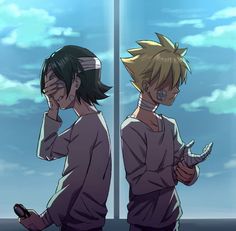 two anime characters standing next to each other in front of a window with blue sky and clouds behind them