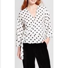 Nwot. Never Worn. Black And White Polka Dot Chiffon Wrap Blouse. Size Small Long Sleeve Polka-dot Blouse For Brunch, Polka Dot Long Sleeve Blouse For Brunch, Long Sleeve Polka Dot Blouse For Brunch, Chic Polka Dot Blouse For Workwear, Fitted Polka Dot Blouse For Brunch, Chic Polka Dot Blouse For Spring, Chic Polka Dot Blouse For Brunch, Chic V-neck Polka Dot Blouse, Polka Dot V-neck Blouse For Day Out