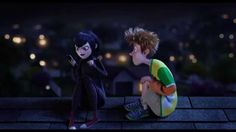 two animated children sitting on top of a roof looking at each other with city lights in the background