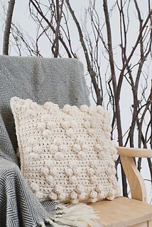 a chair with a blanket and pillow on it in front of some bare tree branches