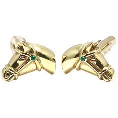 The perfect cufflinks for any horse enthusiast! These are made in 18 karat yellow gold, with a cabochon emerald on the horse's bridle. The horse's face shows great detail. The cufflinks have a simple toggle back for ease of use. The horse head measures 17.25 x 15.50 millimeters. Hallmark: 750 Designer Cufflinks, Watch Cufflinks, Horse Bridle, Gold Teeth, Gold Horse, Horse Face, Gold Cufflinks, Vintage Cufflinks, Vintage Horse