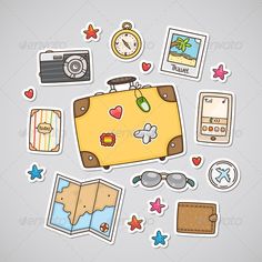 an assortment of travel stickers on a gray background - miscellaneous objects / items are grouped in the image