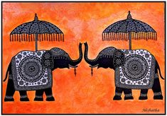 two elephants with umbrellas on an orange and black painted background, one is holding the other's trunk