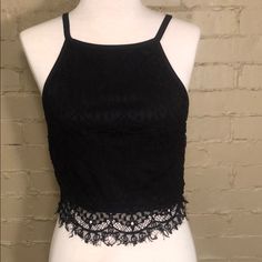 Rue 21 Black Lace Crop Top: M New With Tags. Perfect Condition Elegant Cropped Black Tank Top, Elegant Black Cropped Tank Top, Casual Evening Crop Top, Black Cropped Tank Top For Night Out, Black Crop Top For Summer Night Out, Black Crop Top For Summer Date Night, Trendy Black Tank Top For Evening, Trendy Black Tank Top For Going Out, Black Tank Top For Spring Party