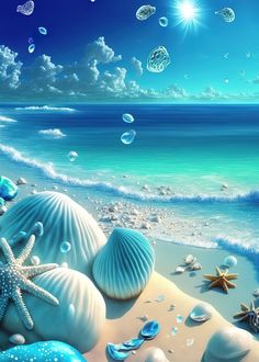 a painting of seashells and starfish on the beach