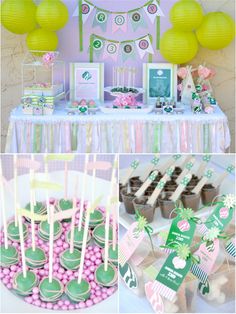 the dessert table is decorated with green and pink decorations