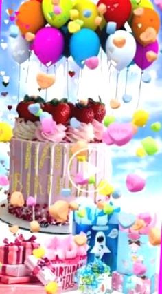 a birthday cake with balloons and confetti on it