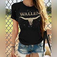 Cow Head Wallen Print T-Shirt Casual Crew Neck Short Sleeve Summer T-Shirts Country Concert Shirts, Animal Print T Shirts, Pyjama Satin, Cow Head, Black Cow, Horse T Shirts, Vintage Short, Concert Shirts, Plus Size Kleidung