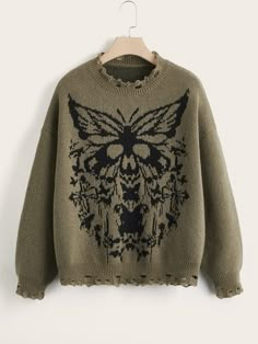 Yk2 Sweater, Butterfly Clothing, Halloween Butterfly, Skull Butterfly, Butterfly Sweater, Distressed Sweater, Drop Shoulder Sweater, Distressed Sweaters