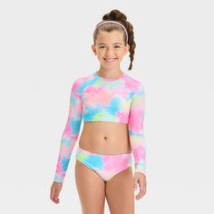 Enhance their swimming experience with this Dip-Dye Design Midkini Set from Cat & Jack™. Made from recycled polyester and spandex, this set includes a long-sleeve bikini top and pull-on bikini bottom with an allover dip-dye design. With four-way stretch fabric, this swim set allows easy movement, while the UPF 50+ rating provides extra sun protection. Get them ready for an active beach day with this modest-coverage swim set. Cat & Jack™: Designed for all children so you can trust it's made for y Recycled Polyester Fabric, Swimwear Sets, Swim Sets, Tankini Set, Fabric Tape, Tankini Swimsuits, Kids Outfits Girls, Dip Dye, Pair Of Pants