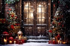 a christmas scene with candles and presents in front of an open window on a snowy day