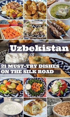 the cover of uzbekistan is shown with pictures of different foods and dishes on it, including bread