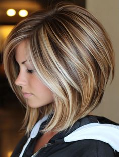 Elevate Your Bob Haircut with Stunning Highlights: Top Styles Shaggy Bob With Highlights, Dramatic Angled Bob, Blonde Hair Highlights Short, A Line Bob Hairstyles For Fine Hair, A Line Stacked Bob Haircut, Stack Bob Hairstyles, Fall Hair Colors Bob Cut, Long Layers Bob Haircut