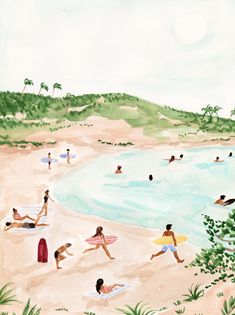 a painting of people at the beach on a sunny day