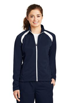 Sport-Tek ® Ladies Tricot Track Jacket. LST90 - TRUE NAVY/ WHITE - XXL | Sport-Tek Women's Tricot Track Jacket in True Navy Blue/White Size XXL | Polyester Sport Jacket, Navy Jacket, Work Wear Women, Fabric Collars, Woven Labels, Scrub Tops, North Face Jacket, Jacket Women, Track Jacket