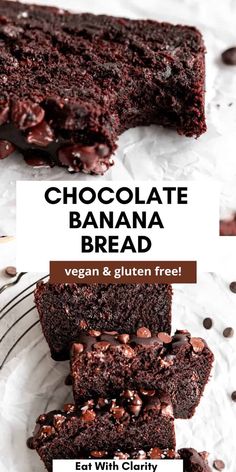 chocolate banana bread is stacked on top of each other with the words, chocolate banana bread vegan and gluten free