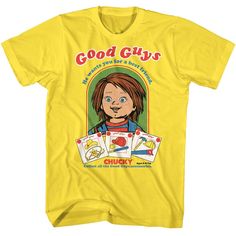 Chucky Good Guys T-Shirt Good Guy Doll, Hero Movie, Boxing T Shirts, Disney Stars, Yellow Print, Favorite Words, Cool Tones, Stylish Shirts, Piece Of Clothing