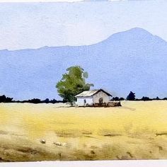 a painting of a farm house in the middle of a field with mountains in the background