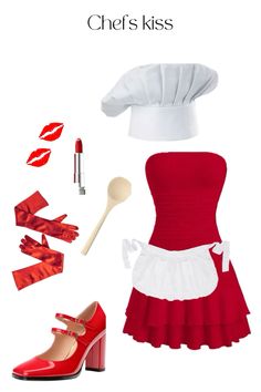 a chef's outfit with red and white accessories