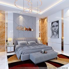 a large bed sitting in the middle of a bedroom next to a painting on the wall