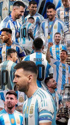 a group of men standing next to each other in front of a soccer field holding trophies