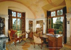 a painting of a living room filled with furniture and bookshelves on either side of the window