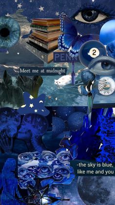 the collage has blue images and words on it