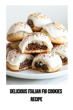 delicious italian fig cookies with white frosting and sprinkles on a plate