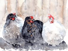 three chickens are standing next to each other