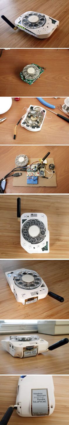 four different views of an electronic device on a wooden table, with the screen partially open