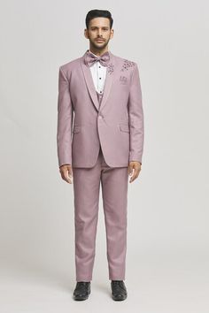 Pastel pink tuxedo jacket with cutdana embellished patterns. Comes with inner shirt, waistcoat, pant and bow-tie. - Aza Fashions Pink Tuxedo, Shawl Collar Tuxedo, Tuxedo Pants, Suiting Fabric, Tuxedo Jacket, Tuxedos, Pant Set, Shawl Collar, Aza Fashion