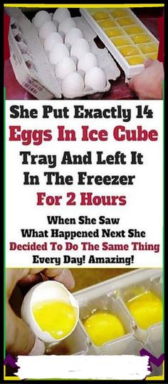 eggs in ice cube trays with text overlay that reads, she put exactly 4 eggs in ice cube trap and left it in the freezer for 2 hours