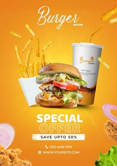 an advertisement for burgers and fries with the words special offer save up to 50 %