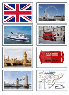 the london landmarks are shown in four different pictures, including a red bus and a white double decker bus